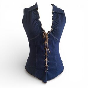 Y2K Women's Blue Denim Lace-Up Top